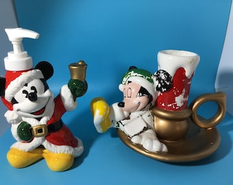 Set navideño vintage de Mickey Mouse de Disney / Dispensador de jabón y portavelas Teleflora, decoración navideña