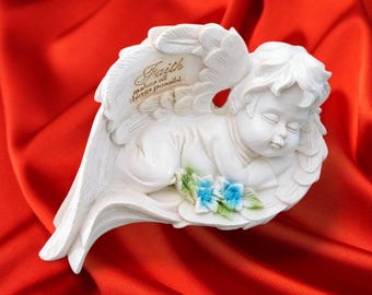 Sleeping Angel Figurine – “Faith Makes All Things Possible” – Plaster Resin Statue – Memorial or Home Blessing Decor