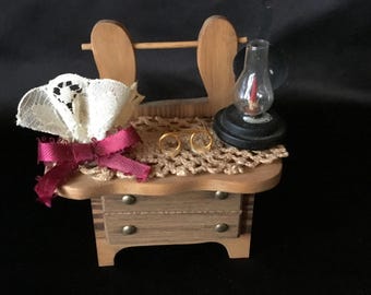 Vintage Dollhouse Miniature Dresser with Lace Doily, Lamp, Glasses & Ribbon Décor – 3" Wooden Furniture