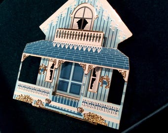 Shelia’s Historical Collection Ornament – Electric Blue San Francisco Row House – Victorian Bay Window Design w/ Box