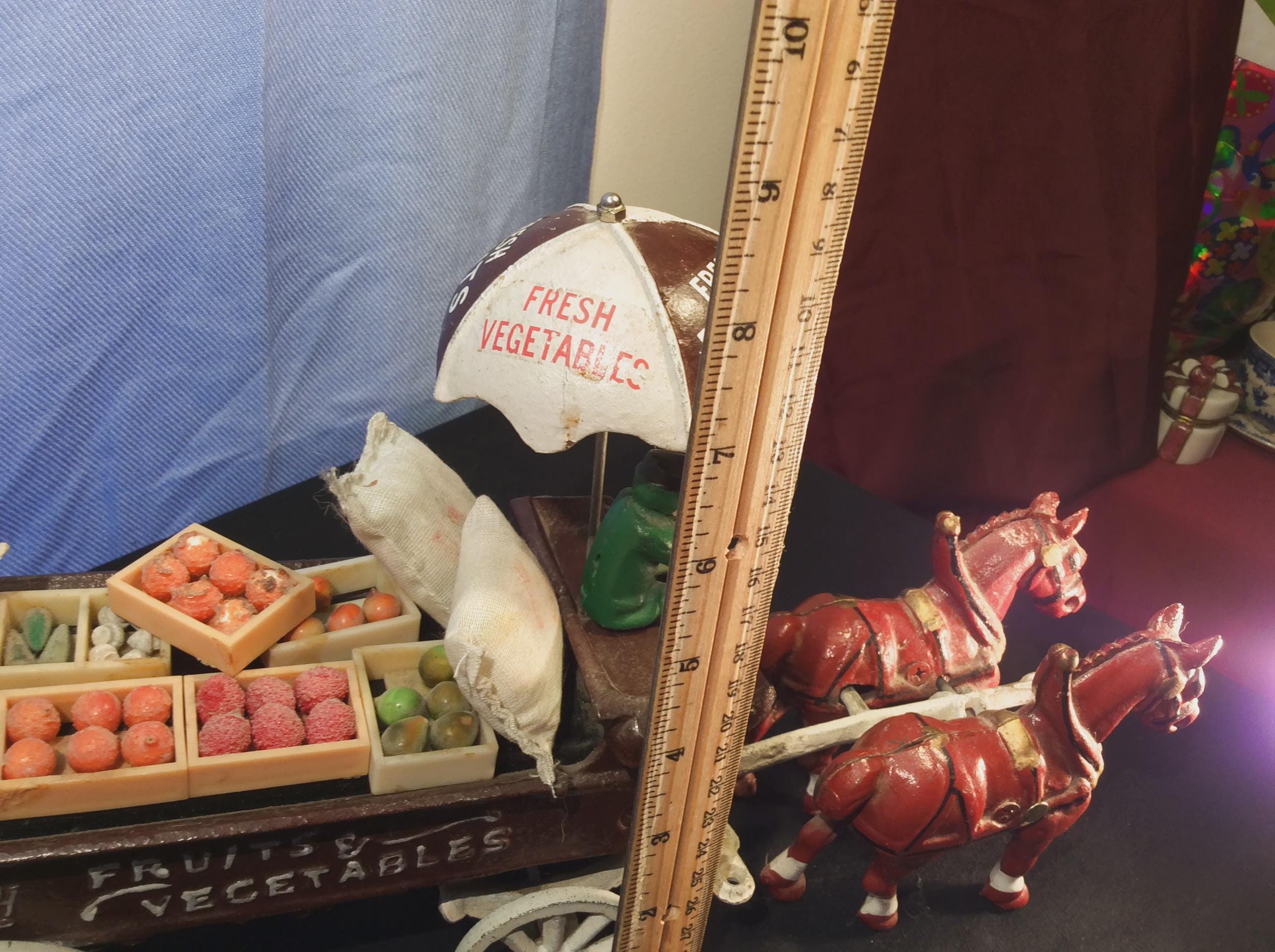 Vintage Arcade Cast Iron Horse Drawn Fruit & Vegetable Wagon Toy