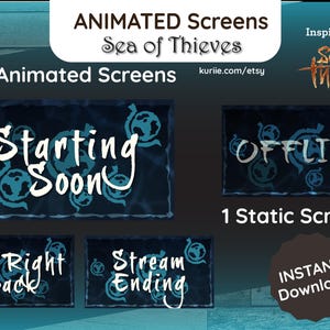 Peut inclure: Écrans animés pour le jeu vidéo Sea of Thieves. Les écrans présentent un schéma de couleurs bleu et blanc avec un design stylisé d'une vague océanique. Le texte sur les écrans comprend "Starting Soon", "Be Right Back", "Stream Ending", et "Offline".