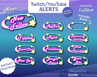 May include: Neon pink and blue Twitch and YouTube alert graphics with a crescent moon and star design. The alerts include New Follow, Tipped, Super Chat, New Sub, ReSub, Raid, Returning Member, New Member, Purchase, Bought Merch, and Gave Bits.