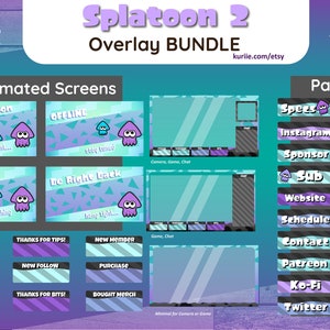 Splatoon 2 Stream Overlay Package Animated Screens Overlays Panels Alerts Purple Cyan Variant BONUS Emote INSTANT DOWNLOAD image 1