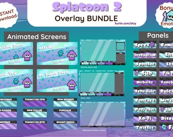 Splatoon 2 Stream Overlay Package | Animated Screens | Overlays | Panels | Alerts | Purple Cyan Variant | *BONUS* Emote - INSTANT DOWNLOAD!