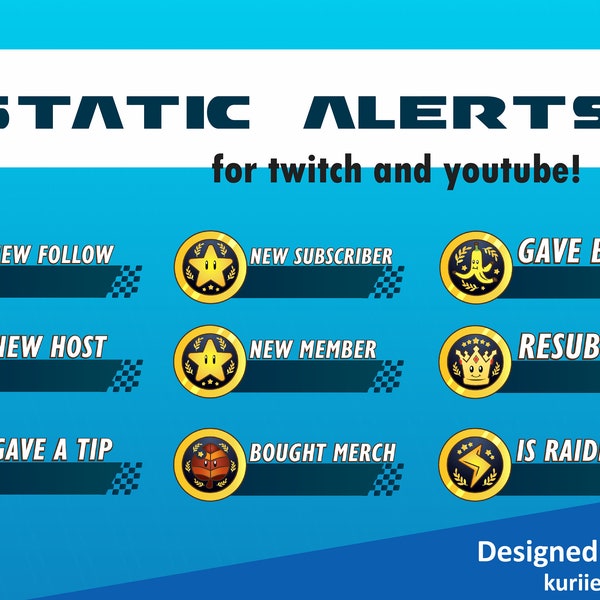 9 Mario Kart Style Static Alerts | For Twitch and YouTube  - INSTANT DOWNLOAD!