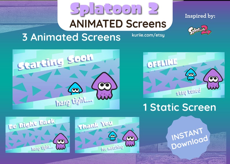 Splatoon 2 Stream Overlay Package Animated Screens Overlays Panels Alerts Purple Cyan Variant BONUS Emote INSTANT DOWNLOAD image 5
