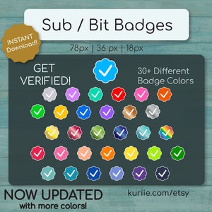 30 Verified Sub / Bit Badges New Updated Version w/ MORE Colors INSTANT DOWNLOAD For Twitch, YouTube, & Facebook Gaming image 1