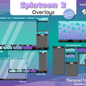 May include: A set of Twitch overlays inspired by the video game Splatoon 2. The overlays are in a teal and purple colour scheme with a striped pattern. The set includes a full-screen overlay, a camera, game, and chat overlay, and a screen and chat overlay.