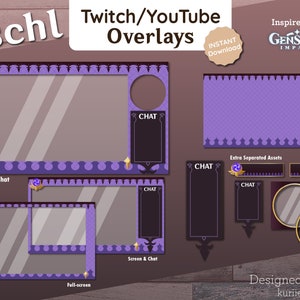 May include: Purple and gold Twitch and YouTube overlay templates featuring Fischl from Genshin Impact. The overlays include a camera, game, and chat layout, a full-screen layout, a screen and chat layout, and a chat-only layout.