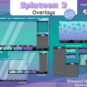 Splatoon 2 Stream Overlay Package Animated Screens Overlays Panels Alerts Purple Cyan Variant BONUS Emote INSTANT DOWNLOAD image 3