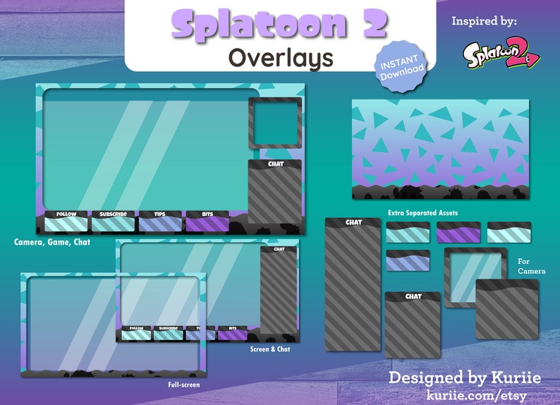 Splatoon 2 Stream Overlay Package Animated Screens Overlays Panels Alerts Purple Cyan Variant BONUS Emote INSTANT DOWNLOAD image 3