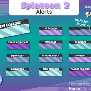 Splatoon 2 Stream Overlay Package Animated Screens Overlays Panels Alerts Purple Cyan Variant BONUS Emote INSTANT DOWNLOAD image 2