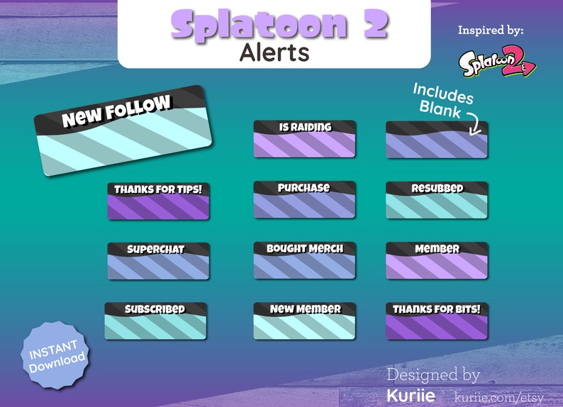 Splatoon 2 Stream Overlay Package Animated Screens Overlays Panels Alerts Purple Cyan Variant BONUS Emote INSTANT DOWNLOAD image 2