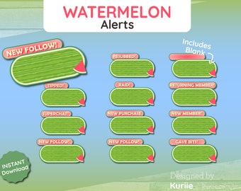 12 Watermelon Themed Static Alerts | For Twitch, YouTube, Facebook, OBS | - INSTANT DOWNLOAD!