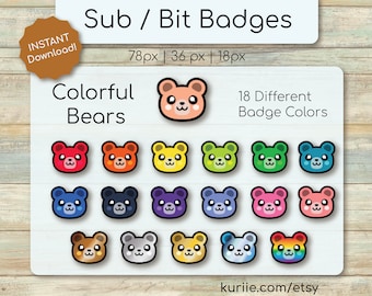 18 Colorful Bear Sub / Bit Badges - INSTANT DOWNLOAD!