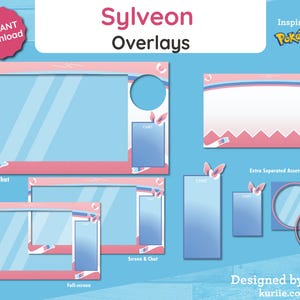 May include: A set of digital overlays for streaming featuring a pink and blue color scheme with a Sylveon Pokemon theme. The overlays include a camera, game, chat, screen, and chat layout. The overlays also include a chat box, a full-screen layout, and extra separated assets.