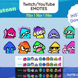 May include: A set of 12 animated Twitch and YouTube emotes featuring various expressions of a cartoon squid in different colors. The emotes are available in three sizes: 112px, 56px, and 28px. The emotes are designed in a cute and playful style.