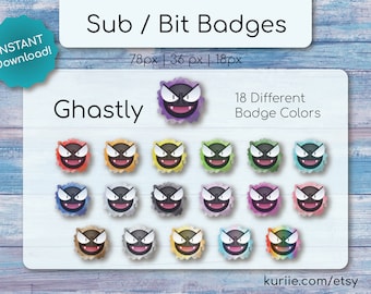 May include: A set of 18 digital badges featuring the Ghastly Pokemon in various colours. The badges are available in three sizes: 78 pixels, 36 pixels, and 18 pixels. The text "18 Different Badge Colours" is also included in the image.