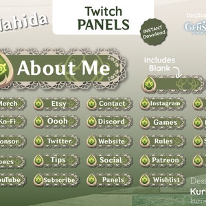 Op de afbeelding: Groene en bruine Twitch-panelen met een bloemmotief en de tekst "Nahida" en "About Me". De panelen zijn ontworpen voor gebruik met het videospel Genshin Impact.