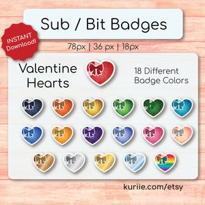 18 Valentine's Day Heart Sub / Bit Badges INSTANT DOWNLOAD image 1