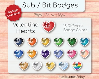 18 Valentine's Day Heart Sub / Bit Badges - INSTANT DOWNLOAD!