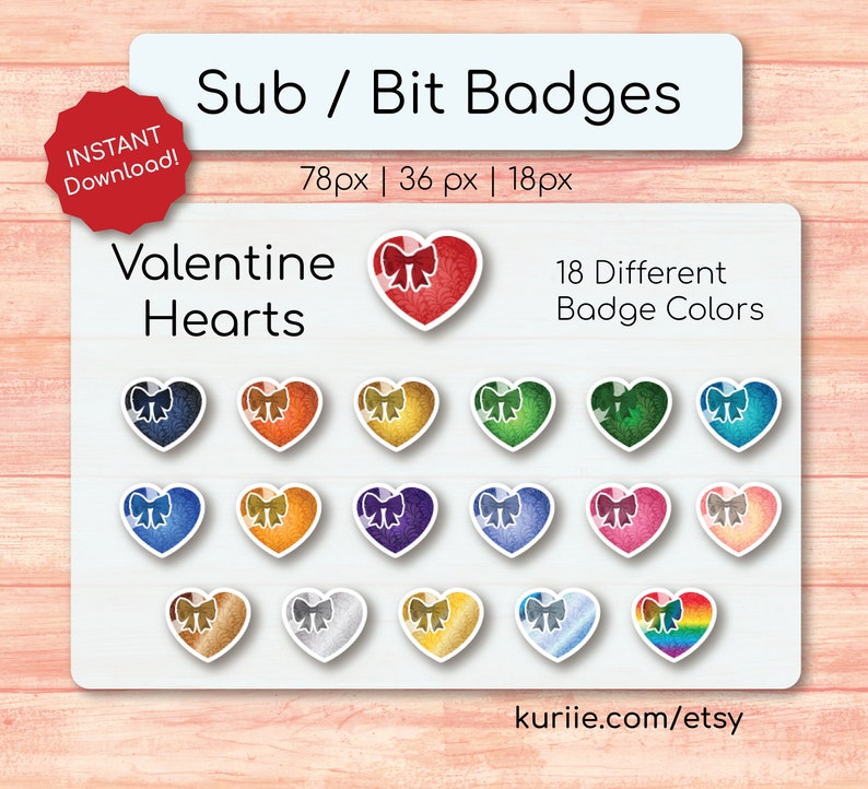 18 Valentine's Day Heart Sub / Bit Badges INSTANT DOWNLOAD image 1