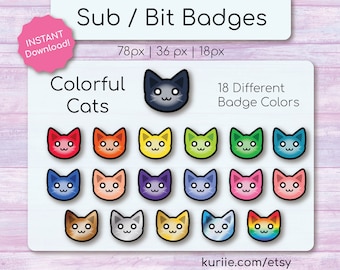 18 Colorful Kitty Cats Sub / Bit Badges - INSTANT DOWNLOAD!