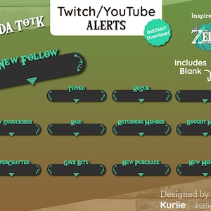 12 Zelda BotW/TotK Style Static Alerts (Tears of the Kingdom - GREEN) | For Twitch and YouTube | - INSTANT DOWNLOAD!