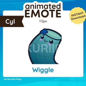 May include: Animated emoji of a blue and green cylinder with a blue flower on top, wobbling back and forth. The emoji has a cute face with pink cheeks and black eyes. The text "Wiggle" is below the emoji. The text "animated emote" is at the top of the image, and "112px" is below it.