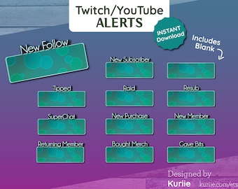 12 Teal Bokeh Static Alerts | For Twitch, YouTube, Facebook Gaming, OBS | - INSTANT DOWNLOAD!