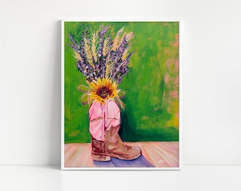 Cowgirl Boot Sunflower Lavender Wheat Art Print