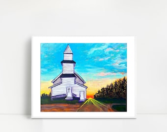 Country Prairie Church Sunset Print