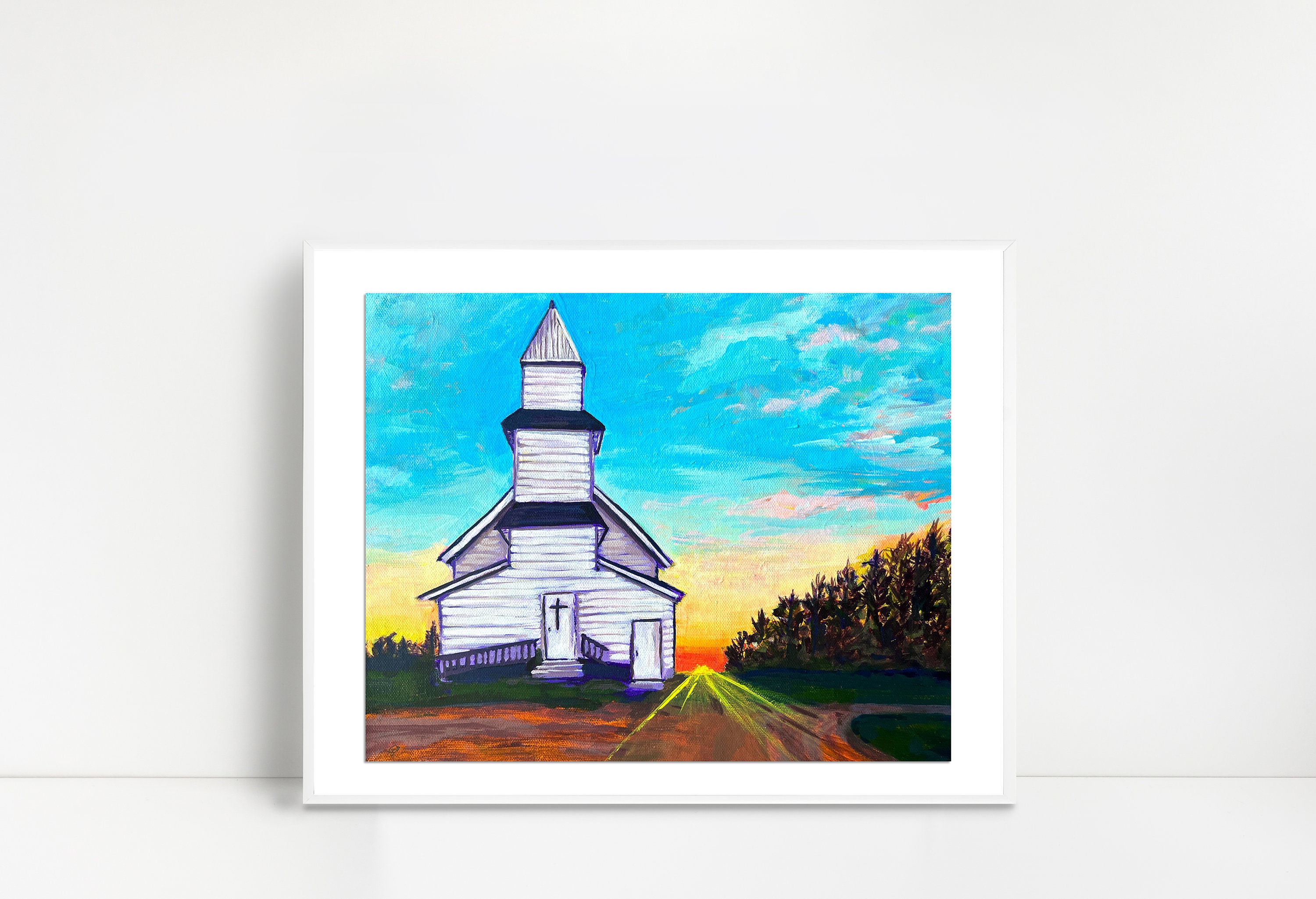 Country Prairie Church Sunset Print
