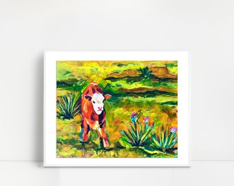 Country Cow Calf Cactus Art Print