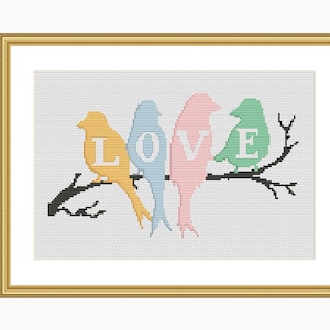 Cross Stitch Pattern, Modern cross stitch - LOVE BIRDS cross stitch chart - Downloadable PDF