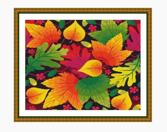 Cross Stitch Pattern, Modern Cross Stitch - AUTUMN LEAVES cross stitch chart - Instant download PDF