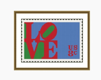 Cross Stitch Pattern, Modern Cross Stitch, - LOVE Stamp cross stitch pattern - Instant Download PDF