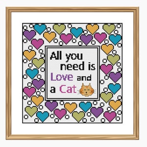Cross stitch pattern, Modern cross stitch - LOVE and a CAT cross stitch chart - Downloadable PDF
