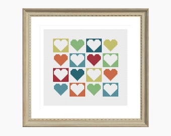 Cross Stitch Pattern, Modern cross stitch, MODERN HEARTS cross stitch chart - Instant Download PDF, quick, easy, simple, heart cross stitch