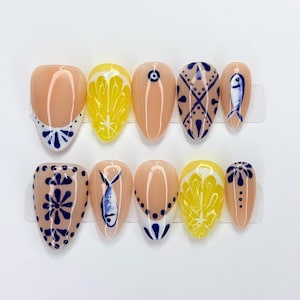 Mediterranean Summer Hand-Painted Press-On Nails | Reusable | Luxury | Nails Sets