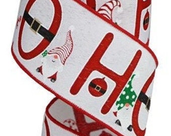 2.5 WIRED White Gnome Ribbon DIY Projects Wreath Making Supply Bow Making Ribbon and Gold Ho Ho Ho Gnomes On Royal Ribbon Green Red
