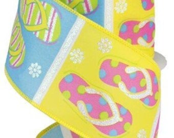 10 Yards Colorful Flip Flop Flops Wired Ribbon 2 1/2"W 10 Yards Colorful Flip Flop Flops Wired Ribbon 2 1/2"W