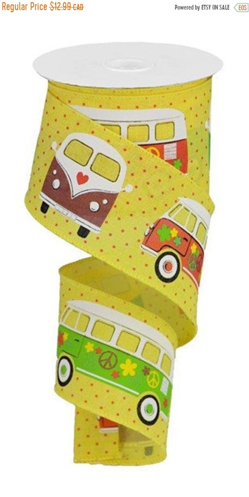 On Sale 2.5 WIRED Multi Color Retro Bus on Yellow With Red Dots Royal Ribbon Bow Making Ribbon DIY Pro Wreath Making Ribbon 60/'s Ribbon