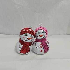 Christmas Ornaments, Hand-Painted Snowman Gourd Ornaments: Snowboy and Snowgal Set