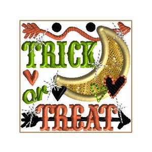 May include: Embroidered design in green and orange with the text "Trick or Treat" and a gold crescent moon with glitter. The design includes hearts, arrows, and stars.