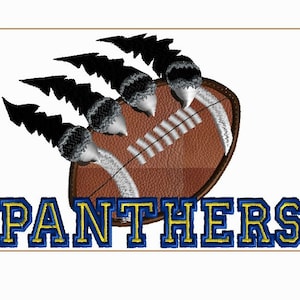 May include: A brown and white football with a black bear claw print on top. The text "PANTHERS" is below the football in blue and yellow letters.