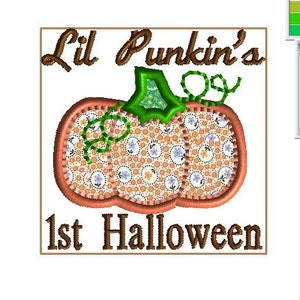 Lil Punkin 4x4 Embroidery design, First Halloween design for baby.  Applique Pumpkin and Stem
