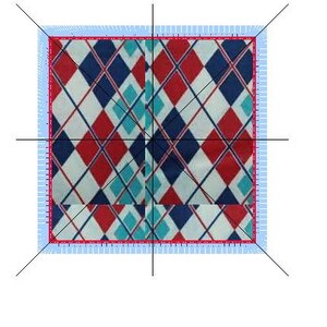 May include: A red, white, and blue diamond patterned fabric with a white background. The fabric is cut into four squares and sewn together to create a larger square.