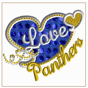 May include: A blue and gold heart with the word "Love" in white and "Panthers" in gold. The heart has a polka dot pattern.